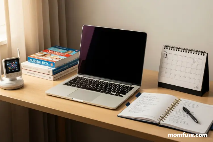 A tidy home desk setup with a laptop, planner, calendar, and nursing books. Baby monitor nearby.