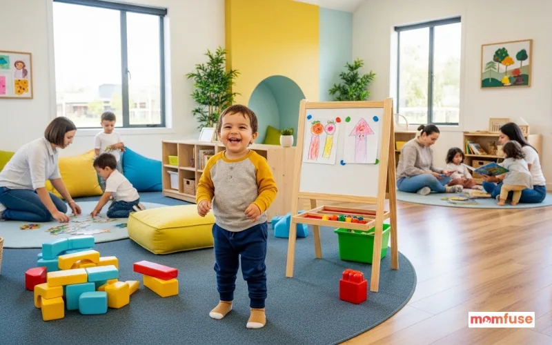 A happy child playing in a bright, modern daycare and preschool environment, with a mix of learning activities.