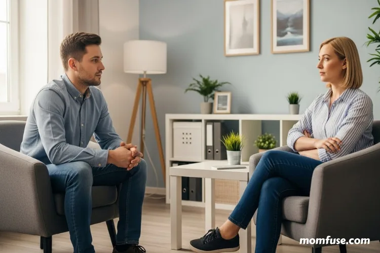 A couple sitting across from each other in a counseling office, neutral expressions, respectful distance.