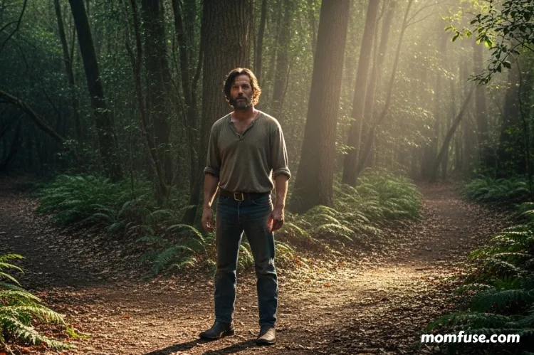 A person standing at a forked path in a dense forest.