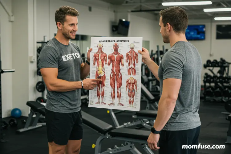 a gym trainer showing anatomy charts and muscle groups to a client.