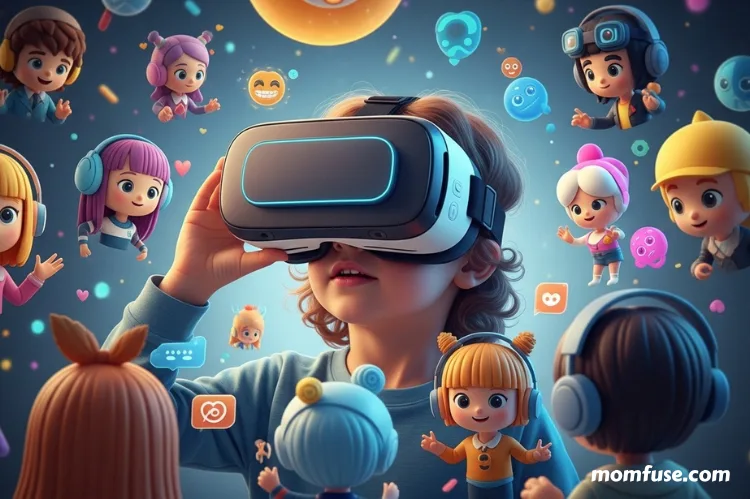 A child wearing VR goggles, surrounded by digital avatars.