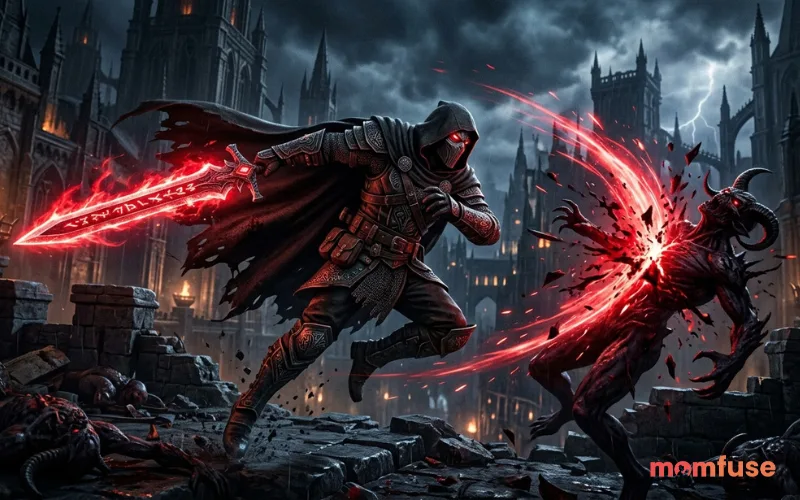 “dark demon hunter with glowing sword, red energy, gothic city background, intense action pose, cinematic fantasy style”