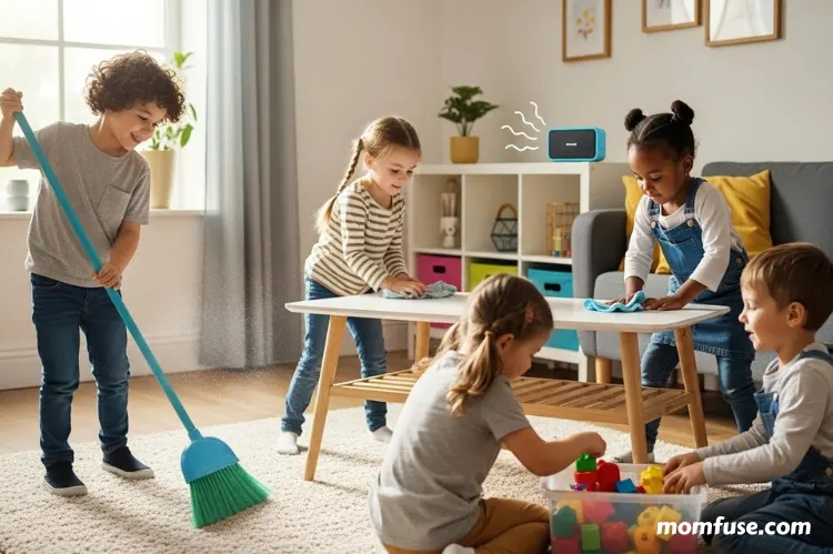 children doing small household chores with music playing in background.