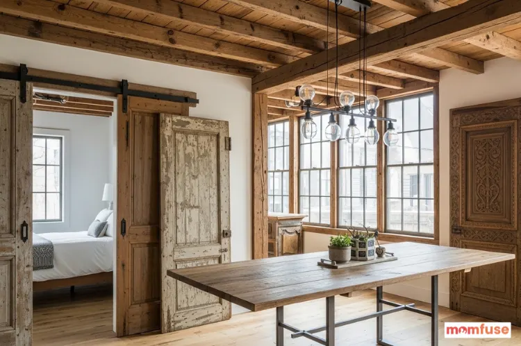 Reclaimed wood beams and salvaged doors used in stylish eco home renovation.