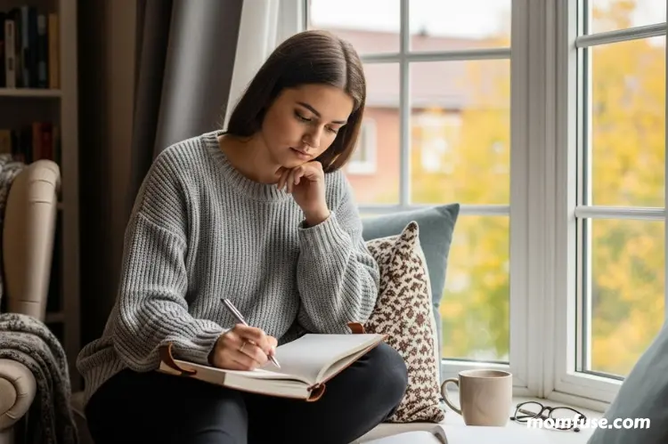 A thoughtful student journaling emotions near a window.