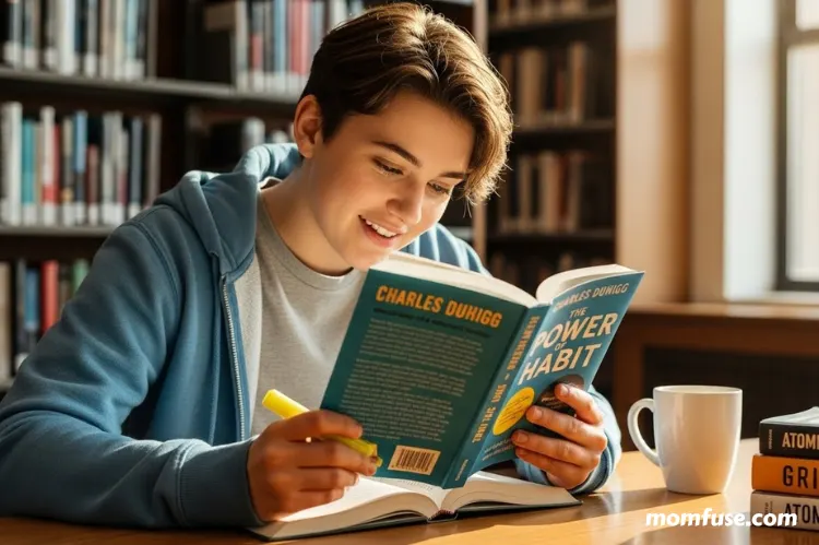 A student looking motivated while reading a self-improvement book.