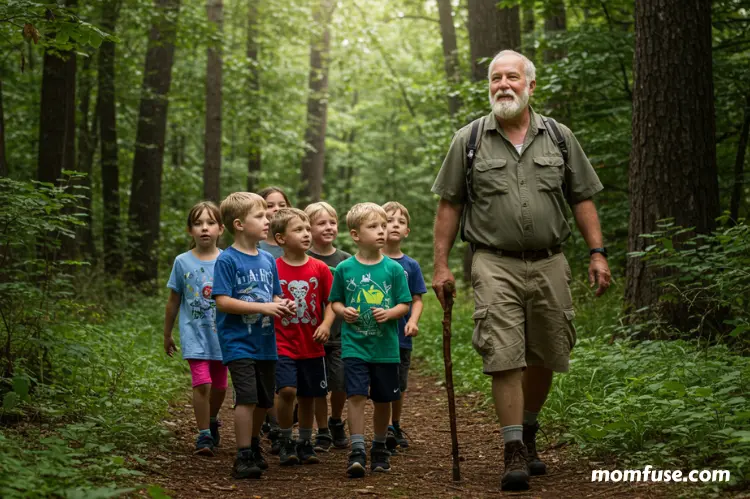 An older camper leading a group on a forest trail, younger children following attentively.
