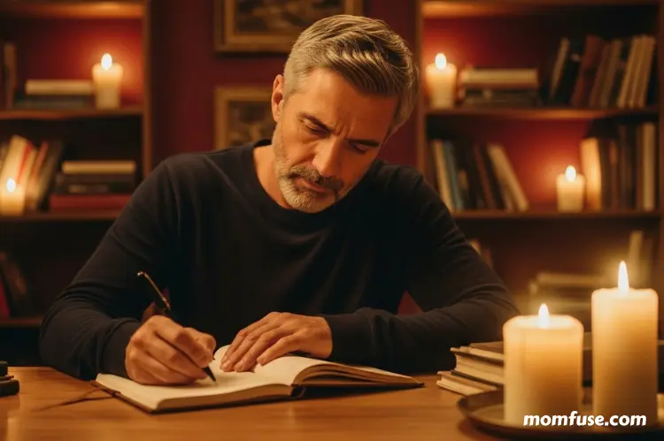 A person journaling alone by candlelight.