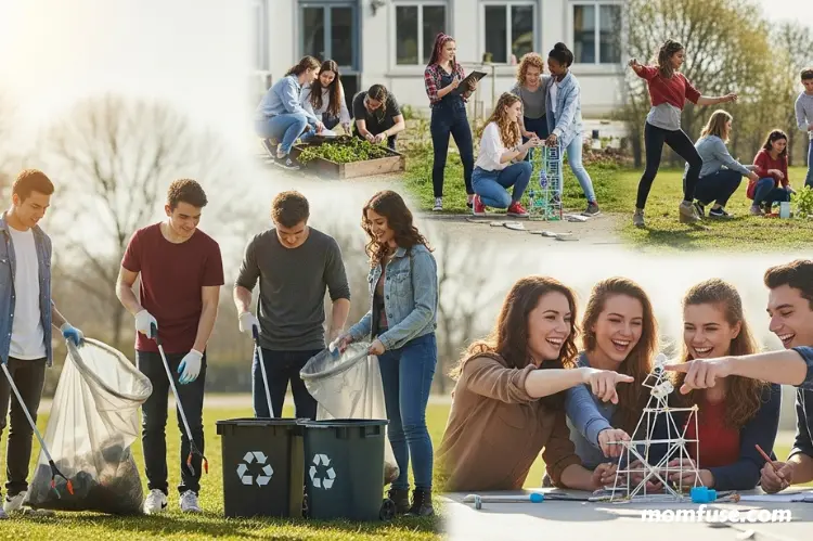Students engaged in extracurricular activities like volunteering, teamwork.