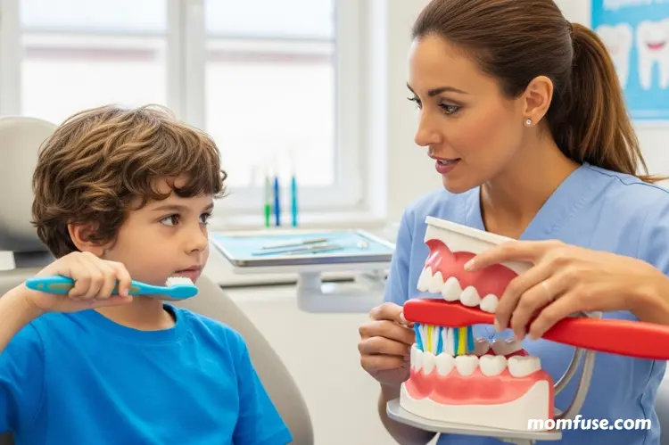 A child learning proper brushing techniques from a dentist.