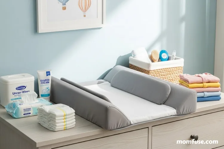 A clean organized newborn changing station on a dresser.