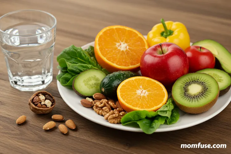A vibrant plate of fresh fruits, vegetables, and nuts, with a glass of water beside it