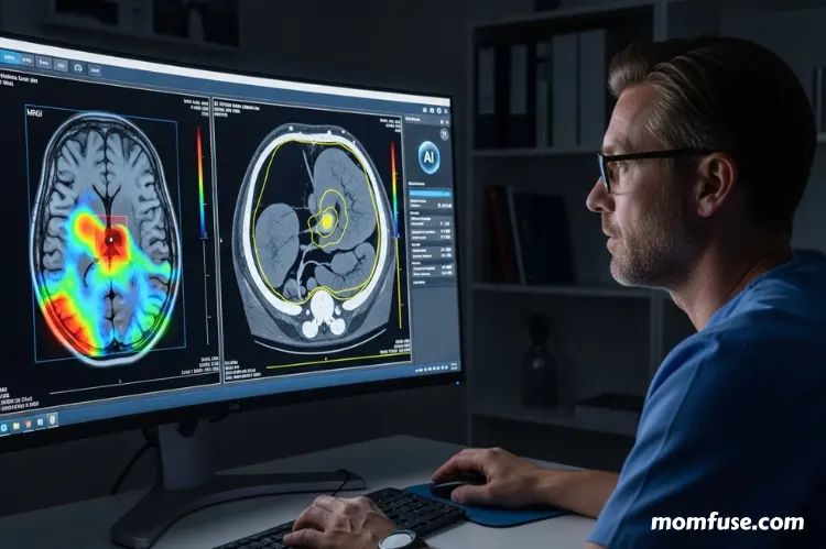 Radiologist using artificial intelligence-powered modern diagnostics software to analyze digital MRI and CT scans.