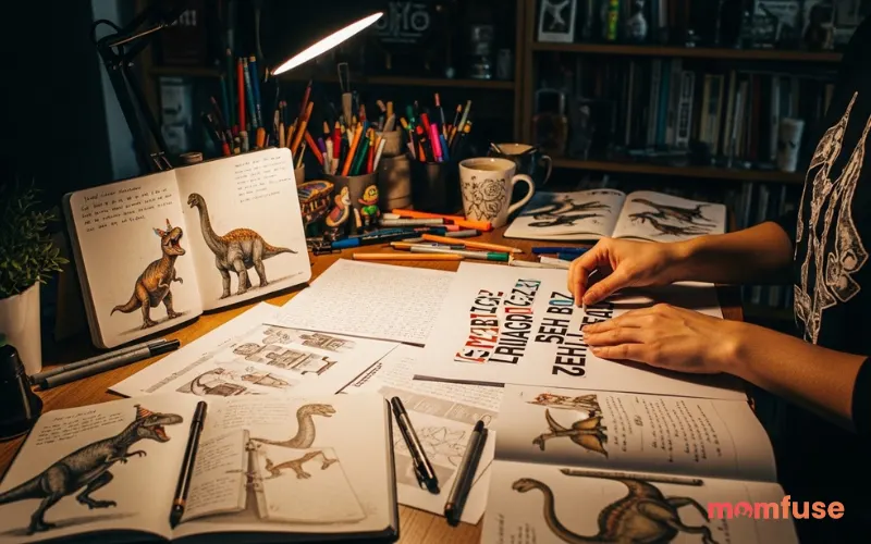 Creative workspace with notes, sketches, and dinosaur drawings, person combining words, warm desk lighting, realistic scene
