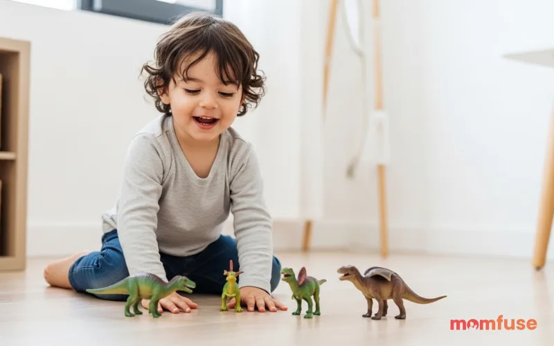 Child playing with dinosaur toys on floor, bright room, joyful expression, natural candid photography