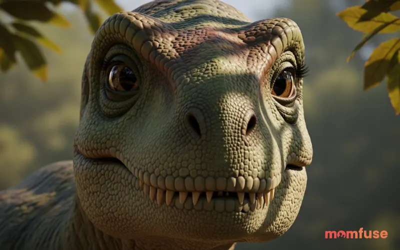 Close-up of dinosaur with friendly expression, focus on face, soft background blur, natural light