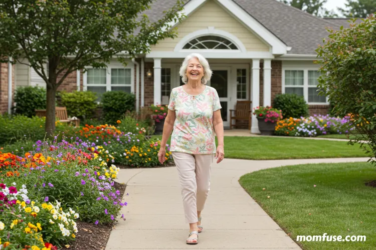 A happy elderly woman walking through a bright, beautifully landscaped senior communit.