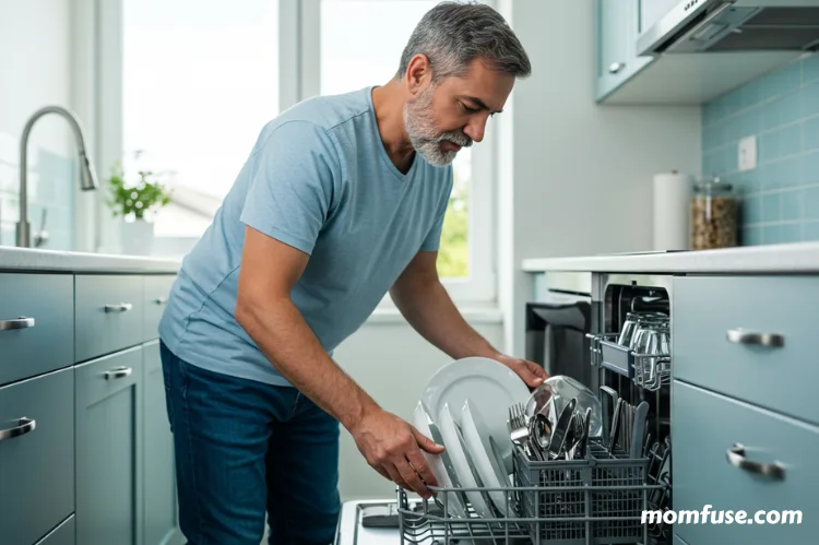 A person loading a dishwasher correctly with dishes. 