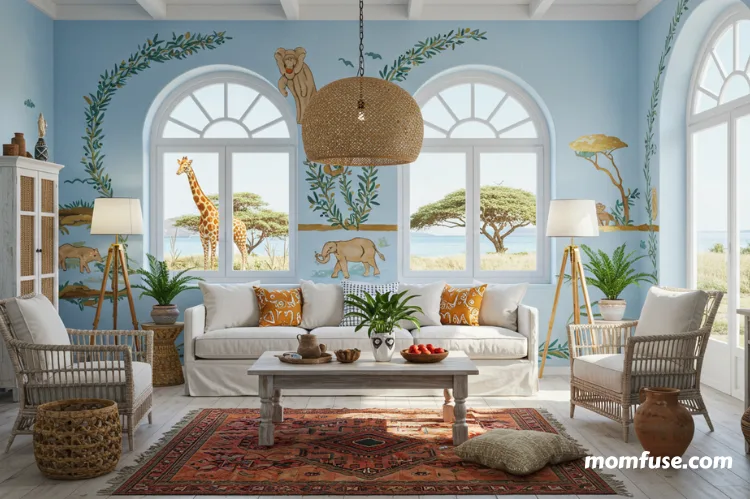 Living room decorated with colors inspired by Greece and Africa.