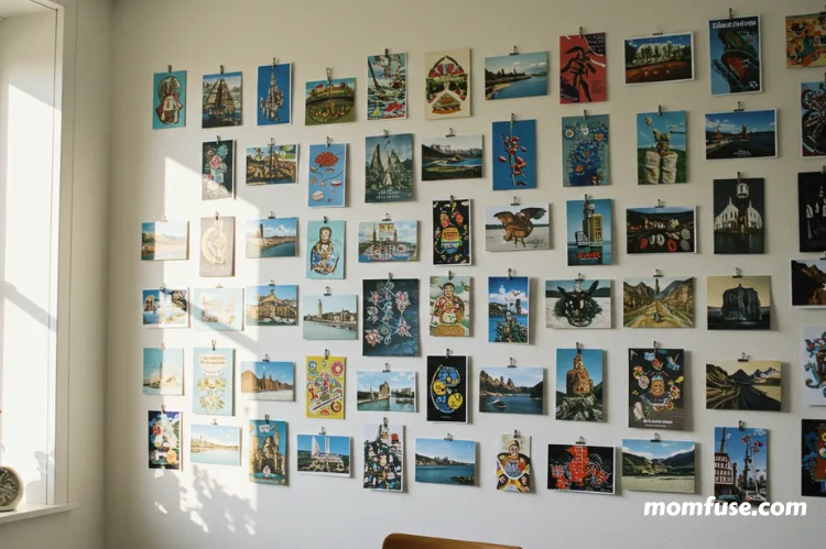 A creative postcard display wall.