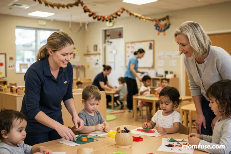 Parent touring a childcare center, observing teachers and children interacting.