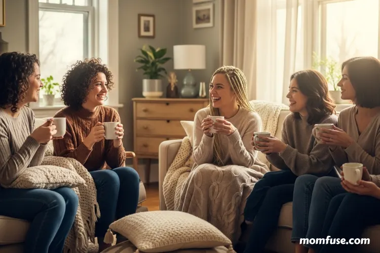 A group of moms in a cozy living room, sharing coffee and laughing.