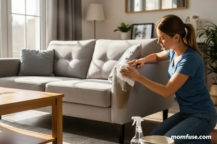 A realistic scene of a homeowner cleaning a sofa using a cloth.