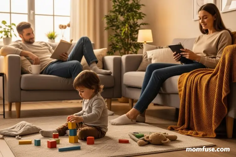 A calm scene of a child playing independently on the floor while parents relax nearby.