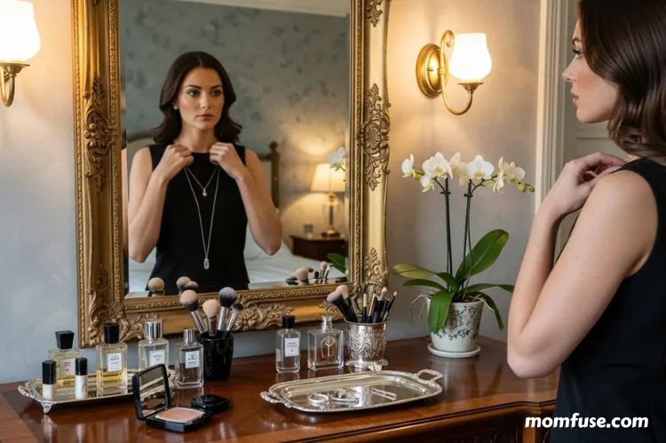 A stylish woman dressing up in front of a mirror, neat grooming setup, organized vanity.