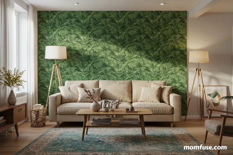 A cozy, modern living room with a stylish accent wall featuring peel-and-stick wallpaper.