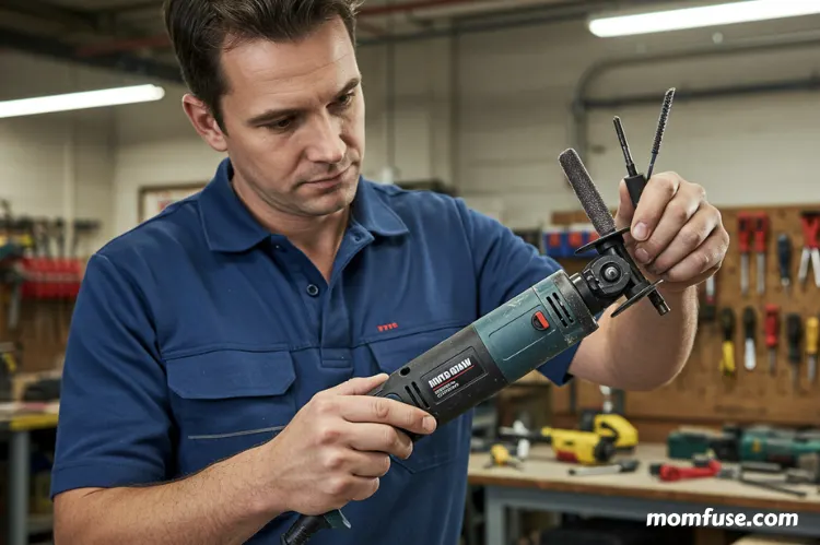 A man swapping out attachments on an oscillating tool. -oscillating tool