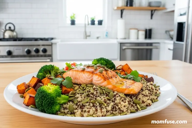 A balanced, colorful meal on a table featuring vegetables, grains, healthy fats, and protein.