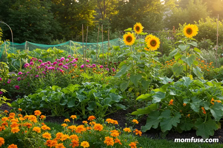 A lush vibrant home garden surrounded by greenery with blooming flowers and natural pest control.