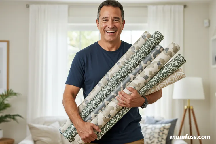A cheerful man holding recyclable peel-and-stick wallpaper rolls.
