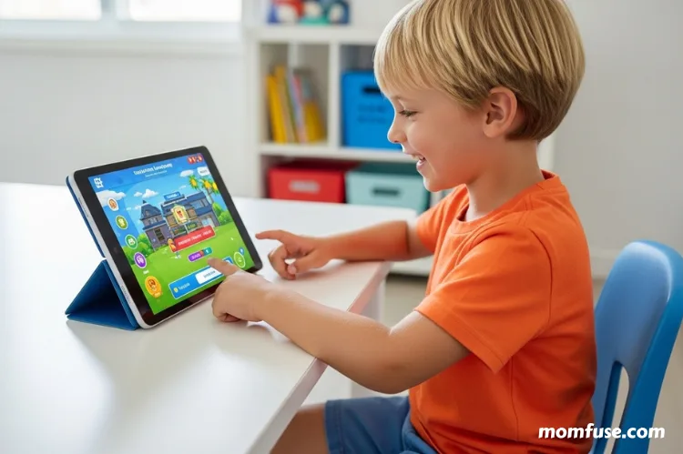 A child sitting at a desk with an immersive gamified learning platform. -smart parenting trends
