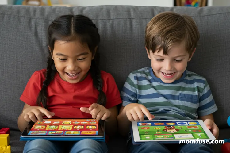 Two children sitting together on a couch, happily using tablets with colorful educational games displayed.