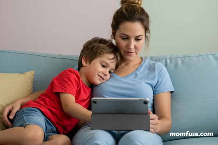 A mom and child sitting on a couch, listening to a podcast on a tablet.