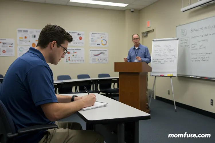 A graduate student taking notes in a university classroom while watching a professor teach behavior analysis.