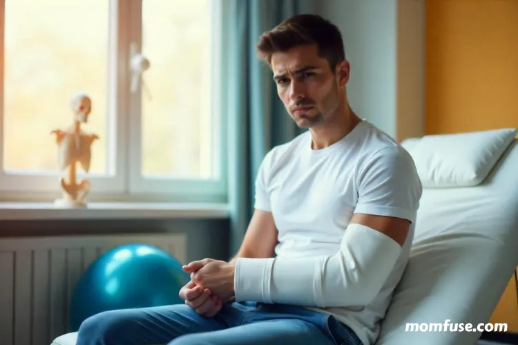 "A young man with sits in a medical rehabilitation room with a white therapy table. His right arm is in a white arm sling.
