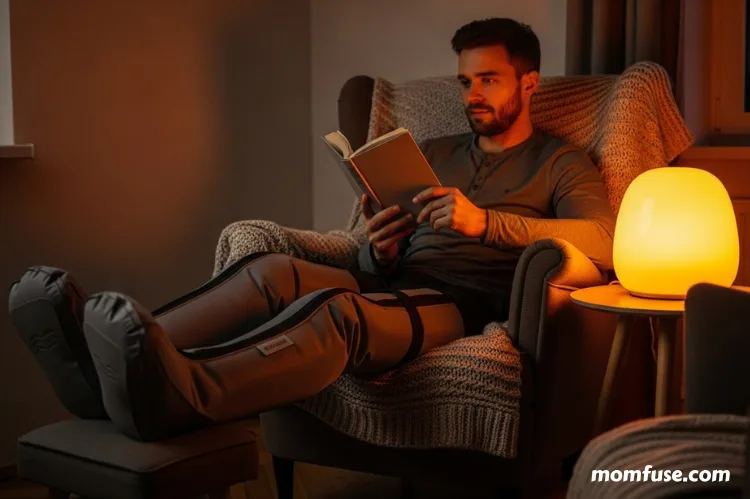 Warm evening ambiance with a man using compression boots beside a soft lamp,reading a book.