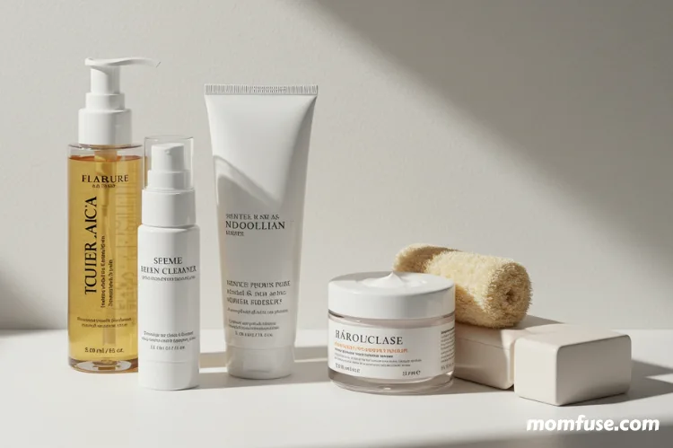 A neatly arranged flat lay of skincare products including cleanser