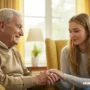 comforting scene of an elderly person smiling while holding hands with a younger family member.