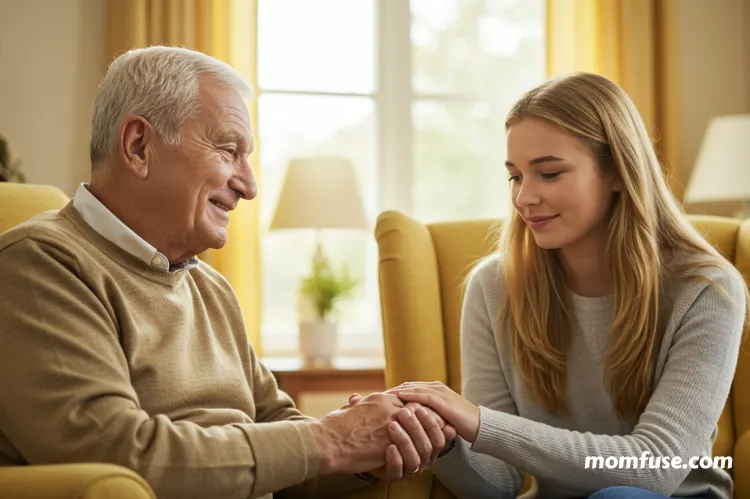 comforting scene of an elderly person smiling while holding hands with a younger family member.