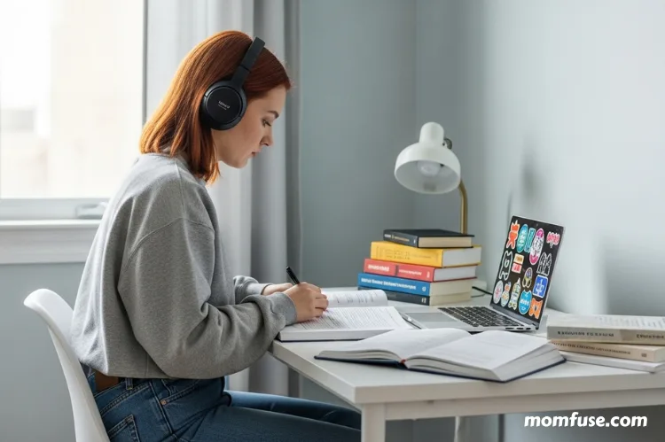 A student studying with noise-canceling headphones in a quiet room. -online study habits