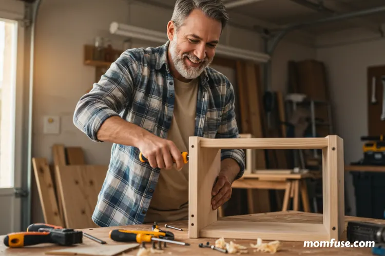 A father happily assembling a shelf with a simple toolkit. home improvement tips