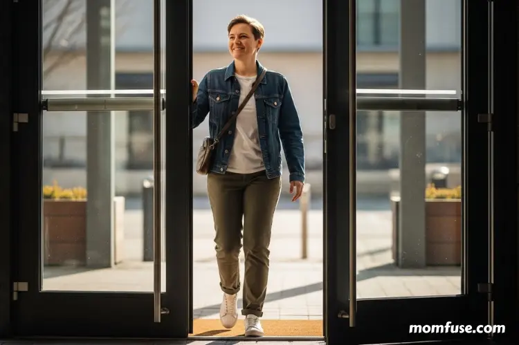 A woman stepping out the door confidently, wearing a practical yet stylish outfit with a relaxed smile.