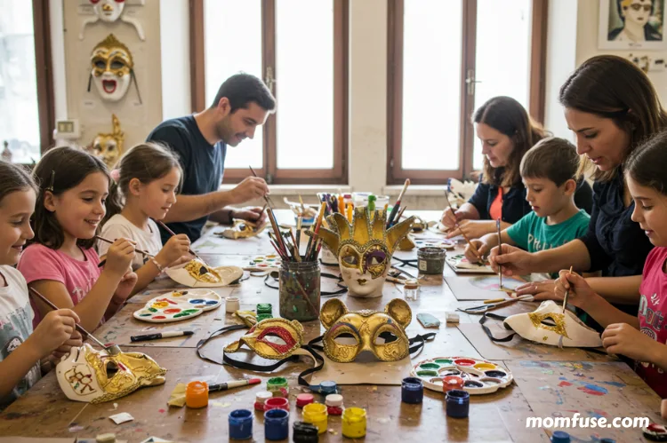 Kids and parents painting and decorating traditional Venetian masks in a workshop.