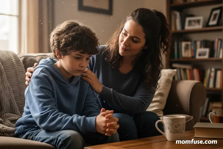 A powerful, emotionally supportive scene of a thoughtful child sitting with a caring woman.