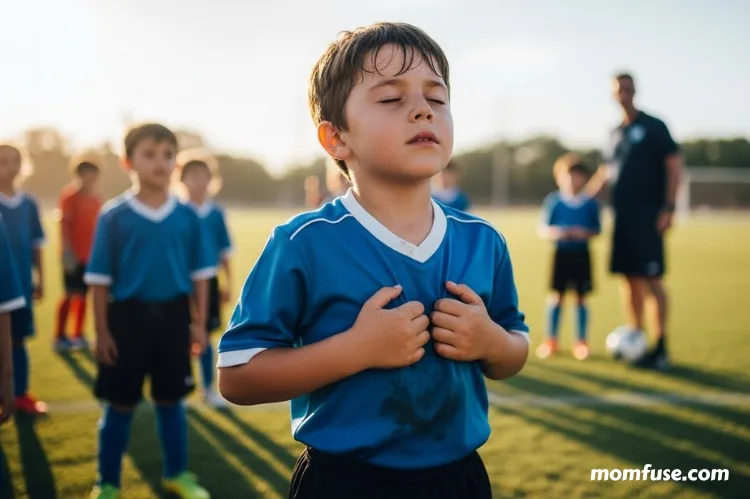 A powerful moment capturing a child pausing to take a deep breath during a game.